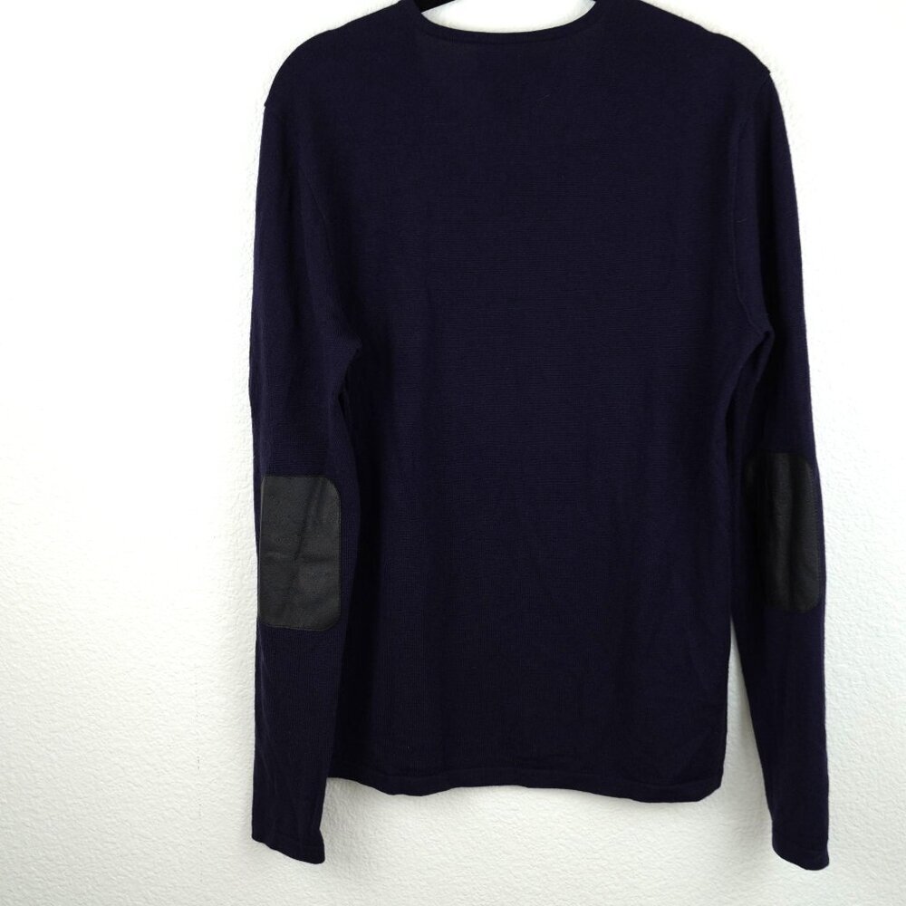 John Varvatos Luxe Merino Wool Sweater - Small - Navy Blue with Leather Elbow Pa - Picture 4 of 10
